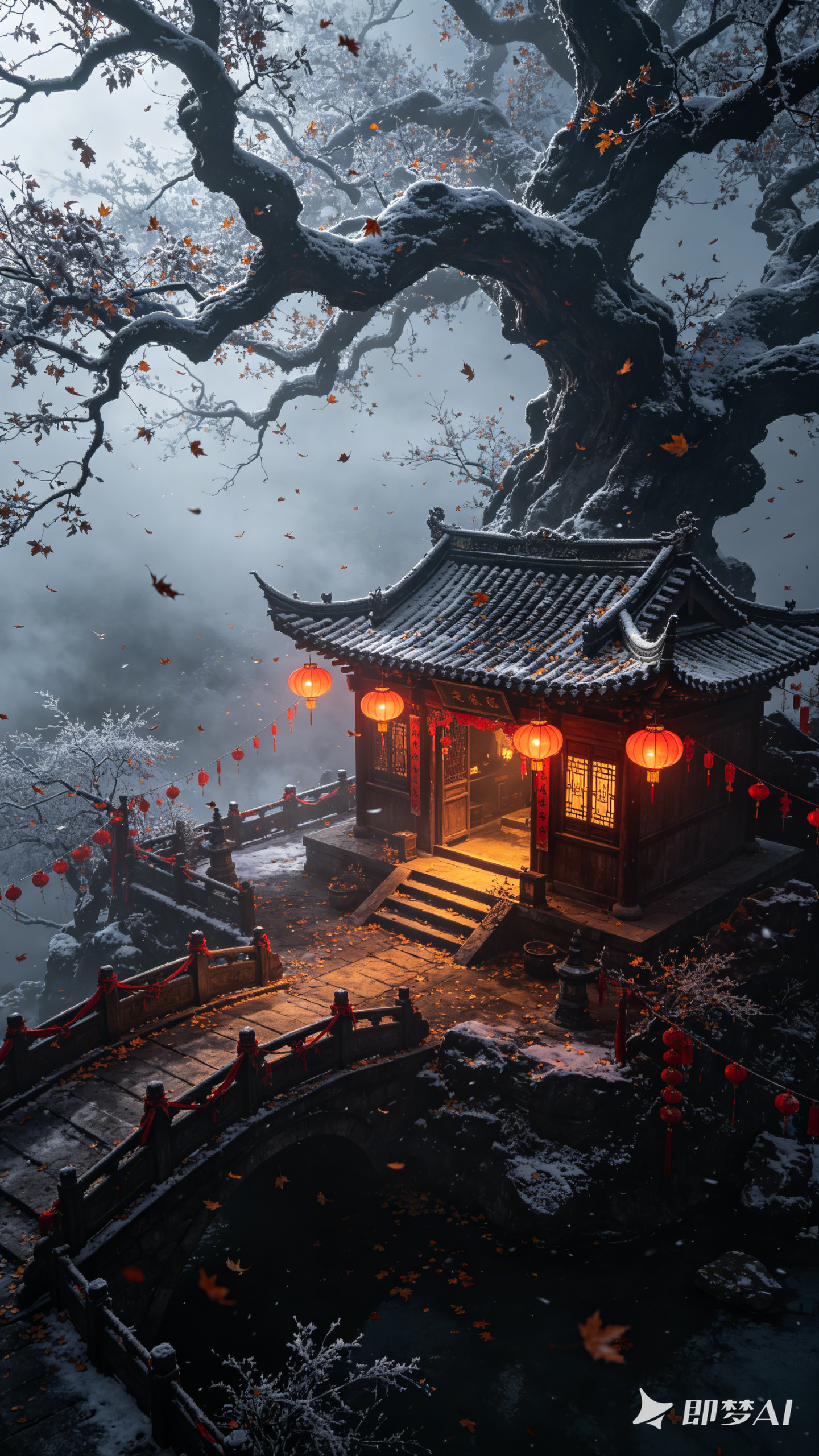 秋枫未褪，山舍已迎初雪