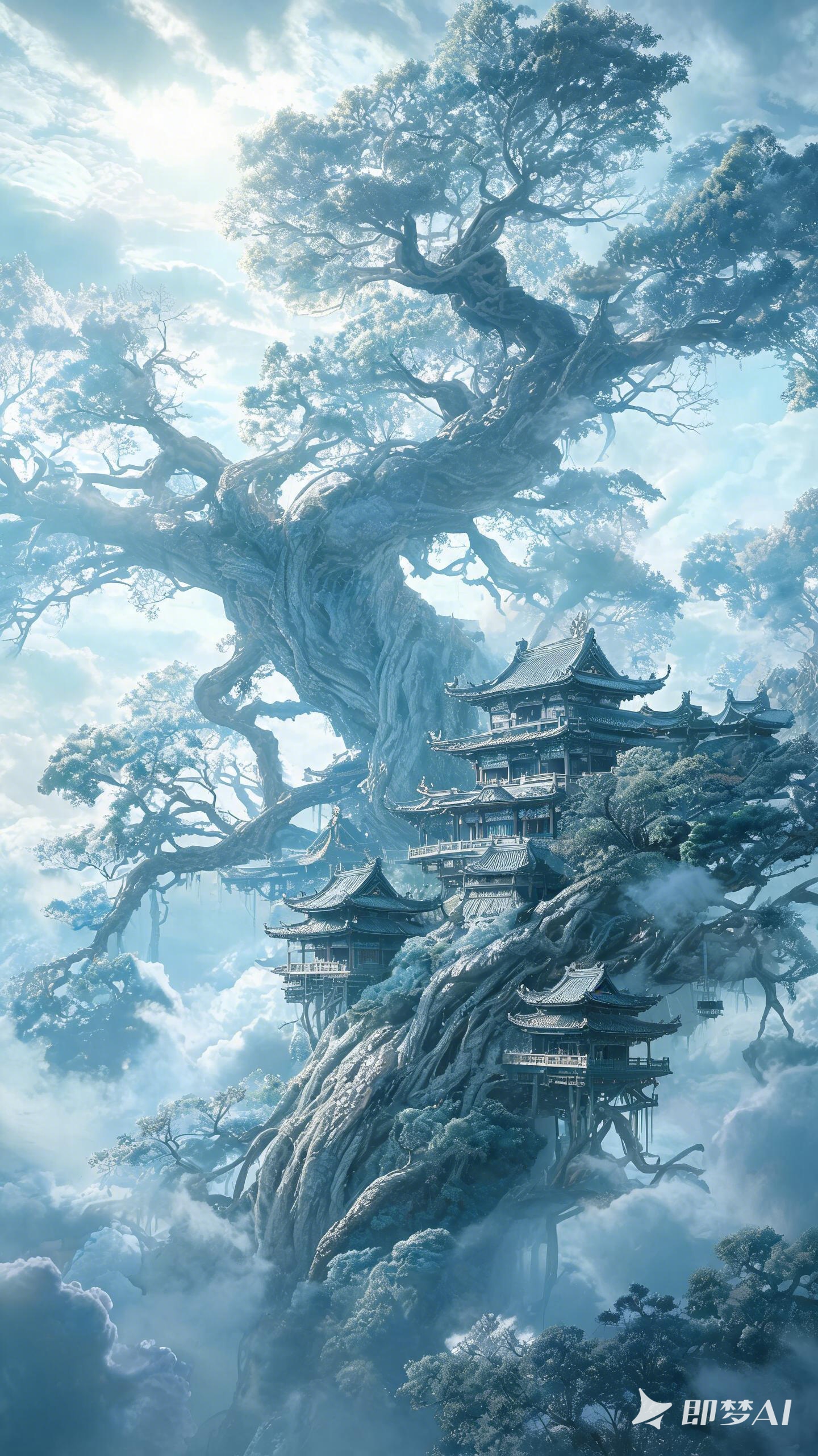 古木参天，楼阁栖于云海之间