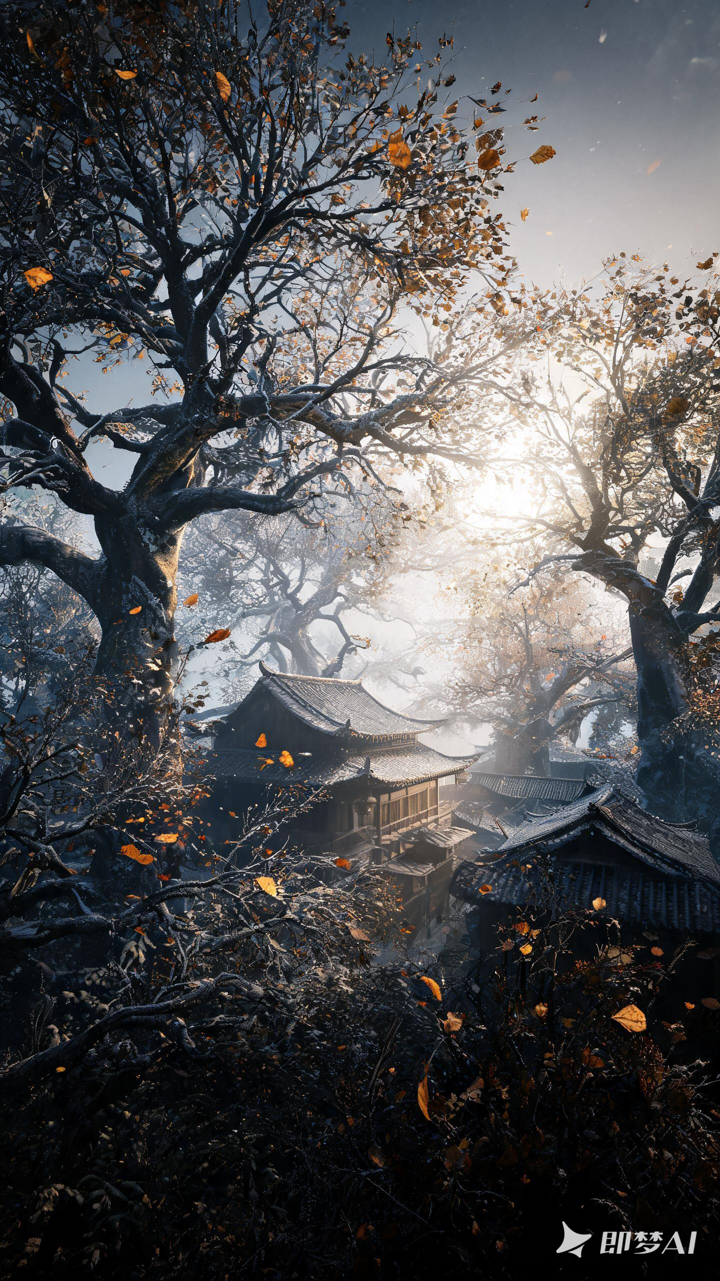 寒木留叶，古坞晨光