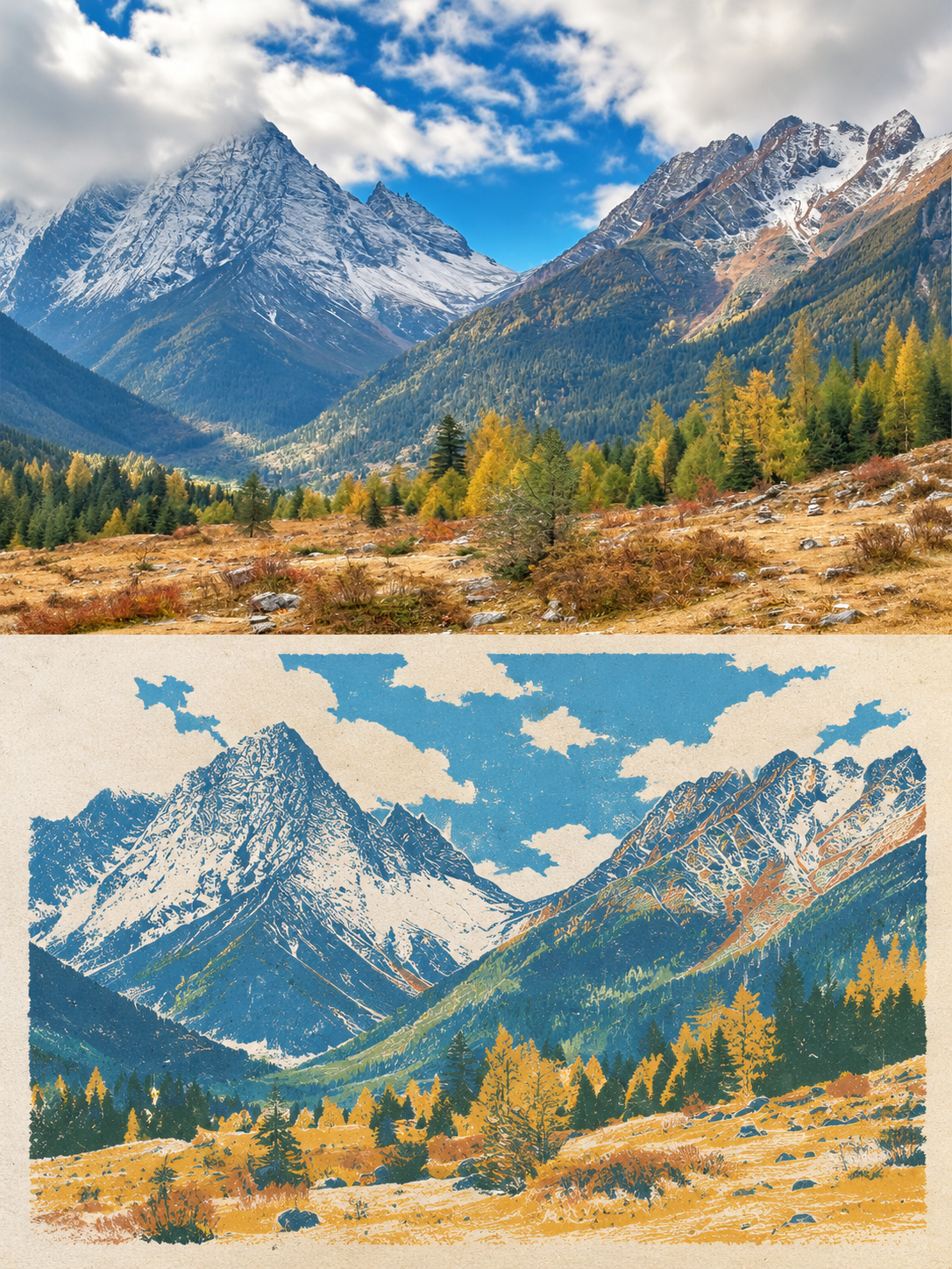 雪岭金秋，一画成诗